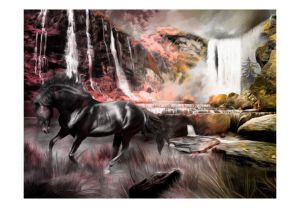 Fototapeta - Black horse by a waterfall Artgeist