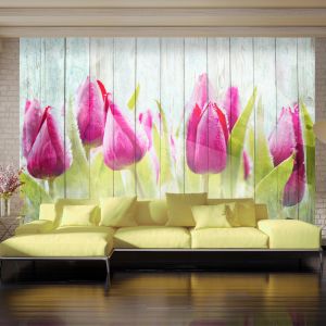 Fototapeta - Tulips on white wood | 100x70, 150x105, 200x140, 250x175, 300x210, 350x245, 400x280